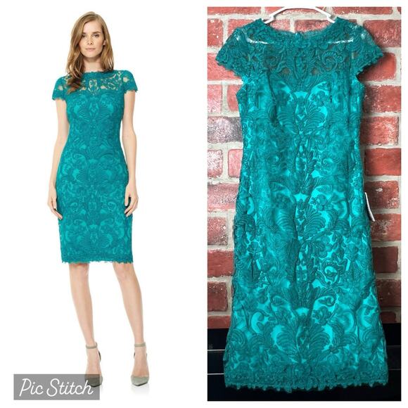 Tadashi Shoji Corded Embroidery Tulle Cap Sleeve Dress Aqua Size 10 NWT - Picture 1 of 12